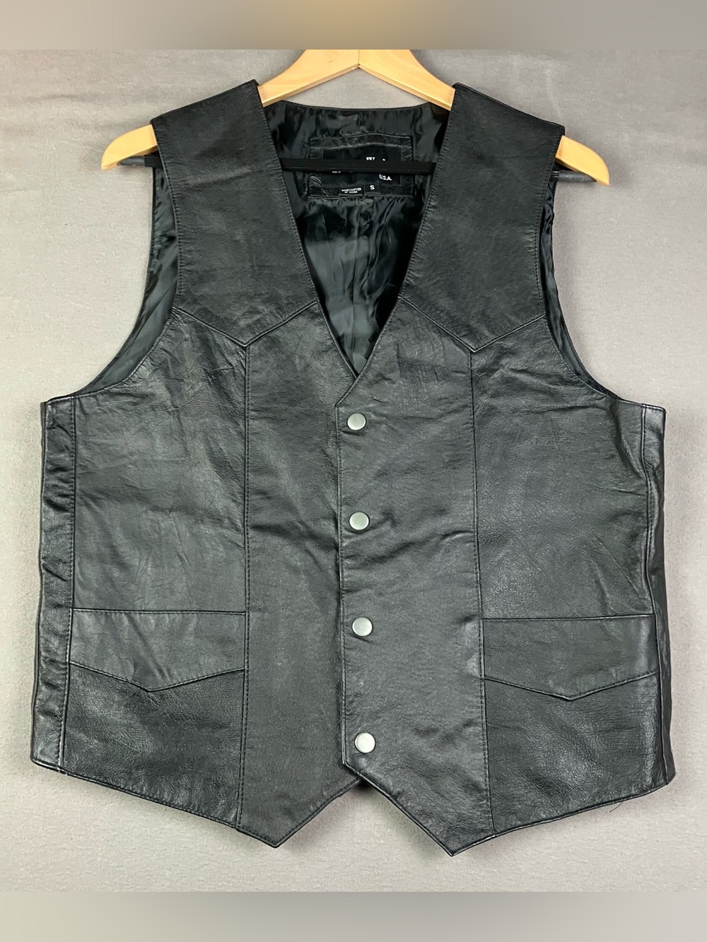 Leather Works Black Leather Biker Vest Snap Front Plain Size Small
